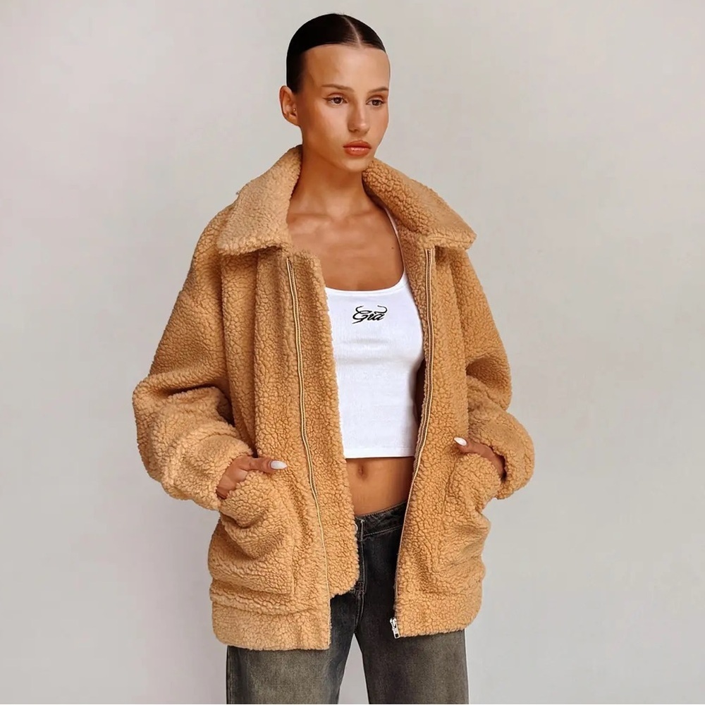 I.AM.GIA‎ || Pixie Teddy Sherpa Oversized Zip Up Coat Caramel Tan XS